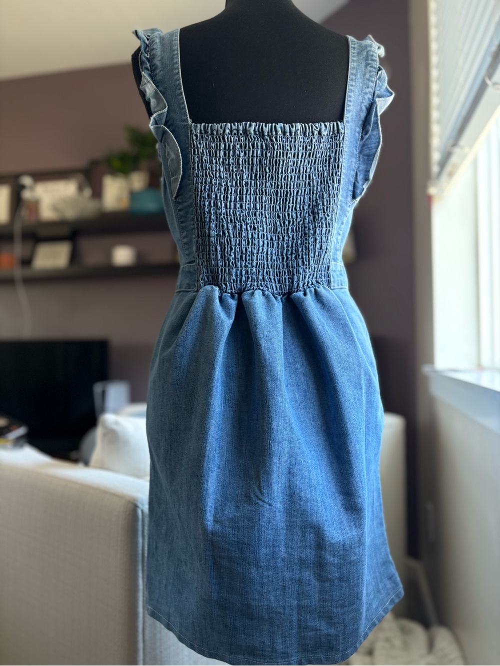 Japna Sleeveless Light Blue Denim Mini Dress Ruffle Straps Pockets Smocking - Picture 4 of 16
